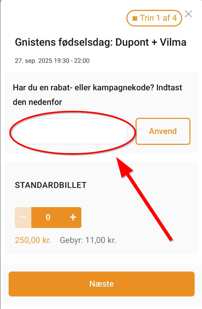 Her indtastes rabatkoden i Billetto-vinduet